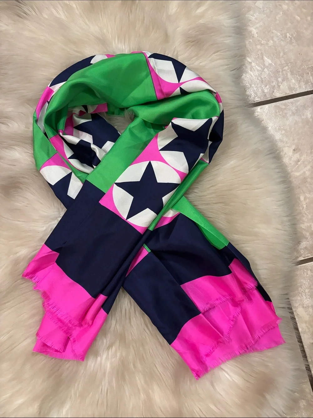 Vintage Norell 100% Silk Neon Starprint Scarf Wrap in Pink, Green & Navy